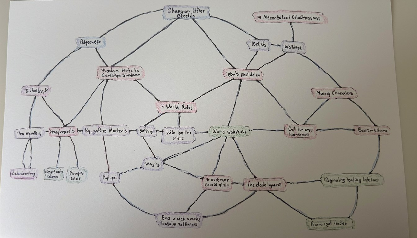 Minimalist hand-drawn canon graph with interconnected characters, settings, and world rules linked by soft pastel lines on a clean background