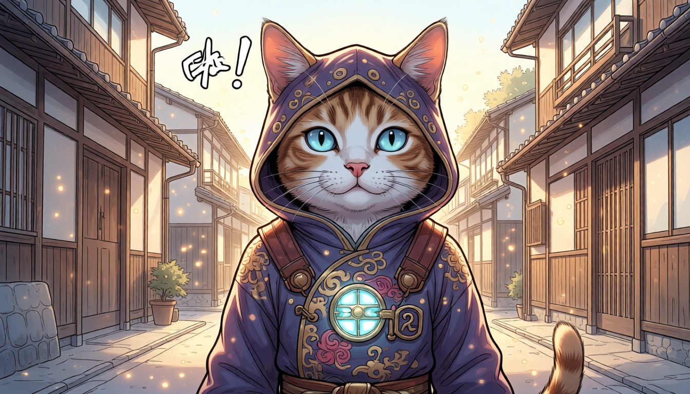 A vibrant manga panel showing a cat with a secret identity in a cozy Japanese village, soft morning light, detailed linework, minimalistic background