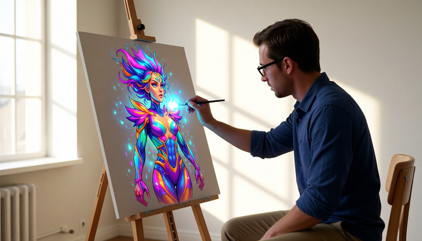 Digital artist sketching a character with glowing brush in minimalist workspace