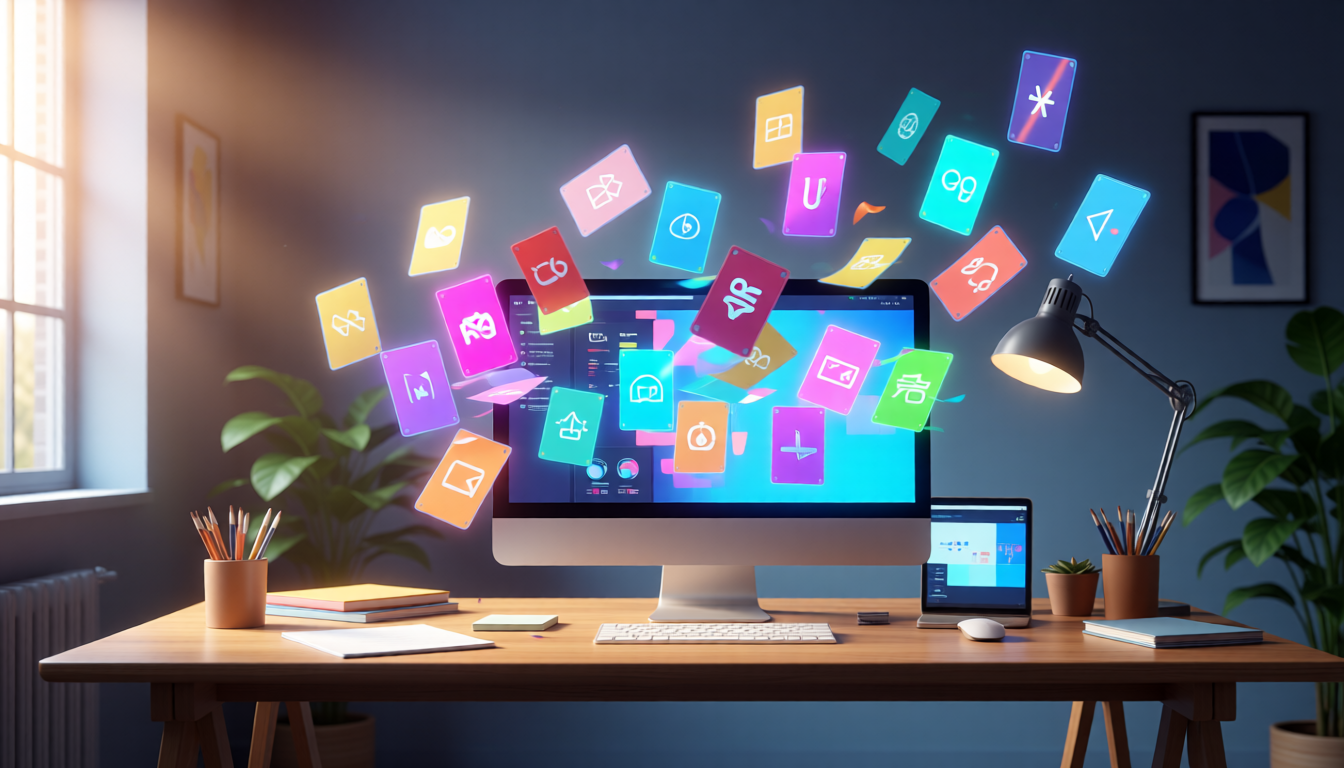 Hands creating digital card game art with glowing AI elements in a creative workspace